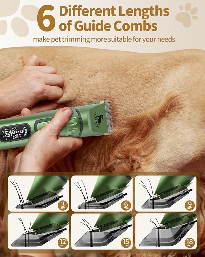 Vovo Dog Hair Clippers 3-Speed Heavy Duty Cordless Electric Dog Grooming Kit (Green)