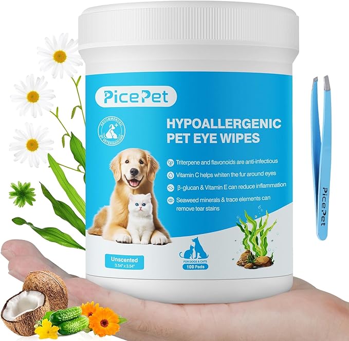 Hypoallergenic Eye Wipes for Dog & Cats, 100 Pcs Plant-Based Tear Stain Remover for Discharge, Crust, Allergies, Itching, Unscented, Double Layer, Made in PRC