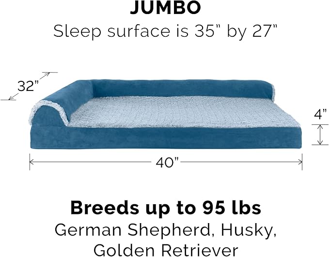 Furhaven Orthopedic Dog Bed for Large Dogs w/ Removable Bolsters & Washable Cover, For Dogs Up to 95 lbs - Two-Tone Plush Faux Fur & Suede L Shaped Chaise - Marine Blue, Jumbo/XL