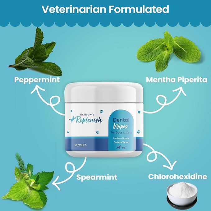 Replenish Dental Wipes for Dogs and Cats - Dog Teeth Cleaning Wipes - Pet Dental Finger Wipes for Dogs β Easy to Use Gentle Pet Dental Wipes - Effective Dog Teeth Cleaner - 50 Count