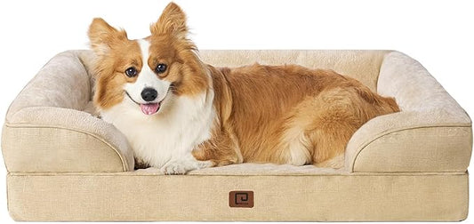 EHEYCIGA Orthopedic Dog Beds for Large Dogs, Waterproof Memory Foam Large Dog Bed with Sides, Non-Slip Bottom and Egg-Crate Foam Large Dog Couch Bed with Washable Removable Cover, Greige