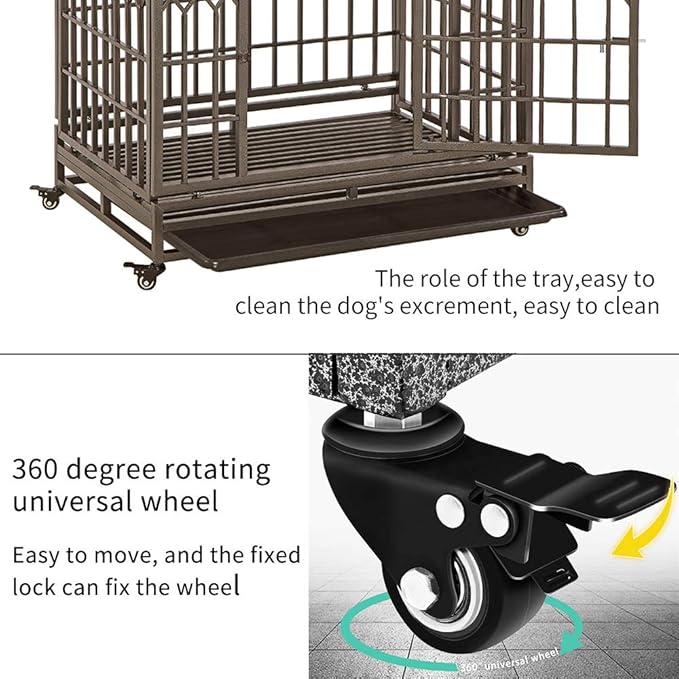 SMONTER Heavy Duty Dog Crate Strong Metal Pet Kennel Playpen with Two Prevent Escape Lock, Large Dogs Cage with Wheels, Y Shape, Brown (Strengthen-38INCH, Brown)
