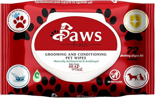 PawsFurUs® All-Natural Pet Wipes for Dogs & Cats - Doctor-Formulated for Total Pet Care with Antifungal & Antibacterial Protection, pH Balancing, Moisturizing, Deodorizing & Fast Itch Relief - 72ct.