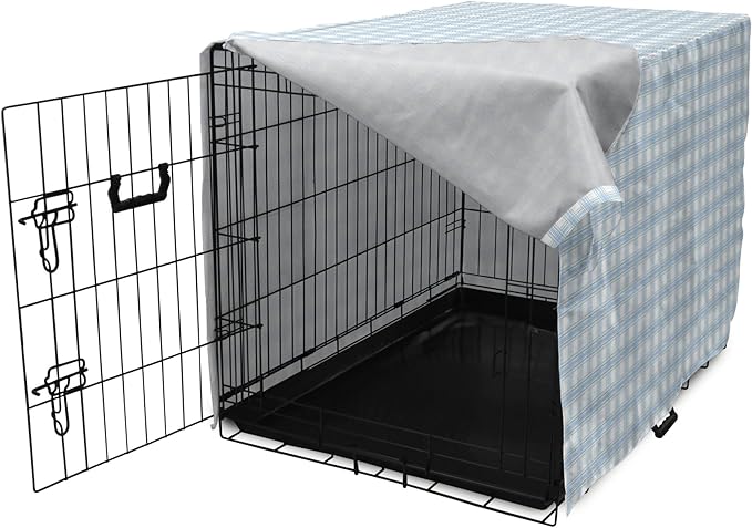 Lunarable Plaid Dog Crate Cover, Geometrical Striped Old Fashioned Pattern Pastel Colors Country, Easy to Use Pet Kennel Cover for Small Dogs Puppies Kittens, 22 Inch, Pale Blue Yellow White