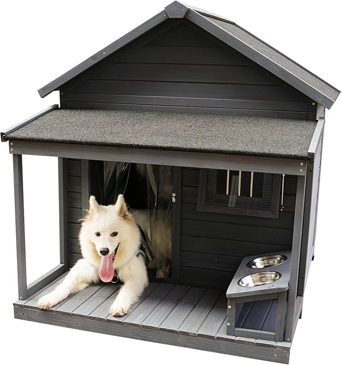 YOTPO Large Outdoor Fir Wood Dog House with Spacious Terrace,Breathable Window&2 Feeding Stainless Bowls,Dog Kennel W/Solid Asphalt Roof&Removable Floor,Dog Cage W/Resting Porch for Large Dogs,Gray