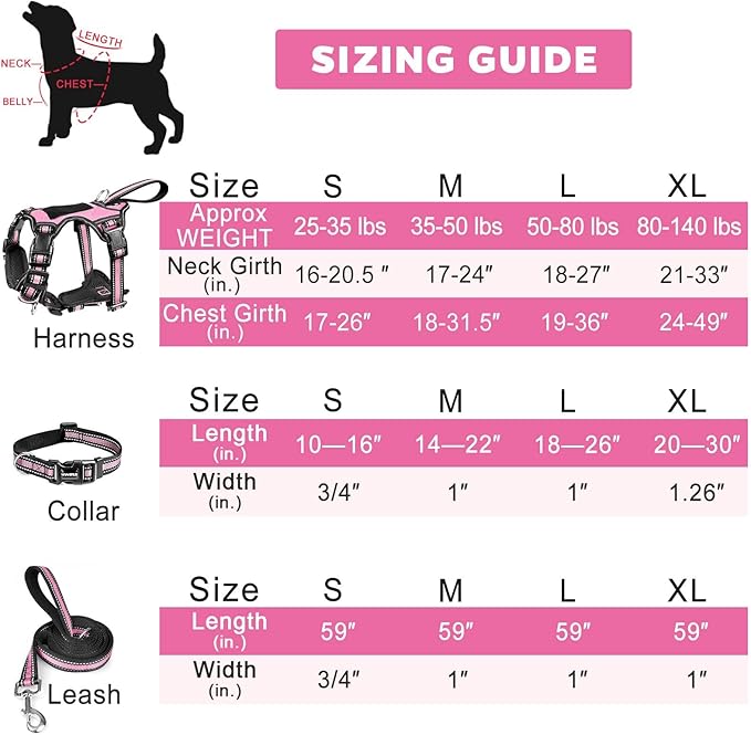 WINSEE Pet Harness Collar and Leash Set, All-in-one Reflective Dog Harness No Pull with Adjustable Buckles for Puppies, Small, Medium, Large, and Extra-Large Dogs (Large, Pink)