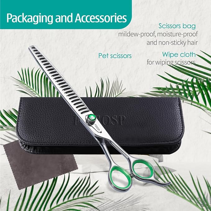 Professional Thinning Shears for Dogs 8 inch Dog Grooming Scissors for Pet Long Chunkers Shears Japanese 440C 70% Thinning Rate 24 Teeth Green Clover