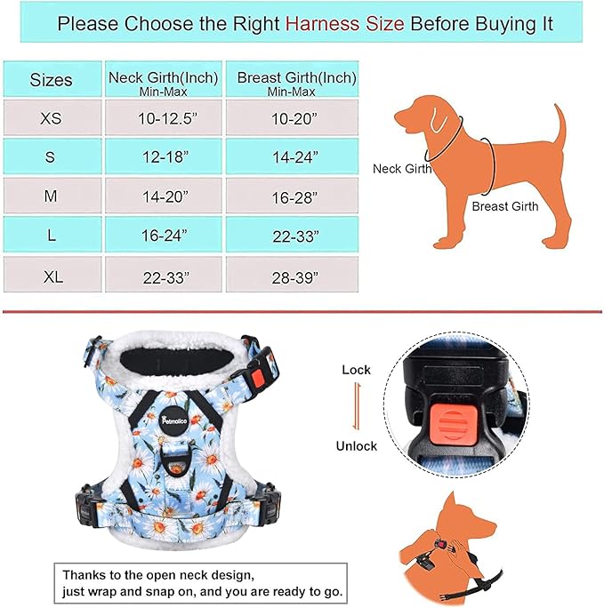 Petmolico Floral Dog Harness and Leash, No Pull Fleece Dog Harness with 2 Leash Clips and Easy Control Handle for Small Dogs, Small Daisy