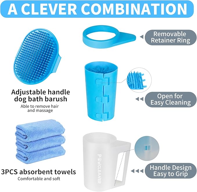 Dog Paw Cleaner for Dogs, (with 3Pcs Absorbent Towels & Adjustable Dog Bath Brush) Dog Paw Washer,Buddy Muddy Pet Foot Cleaner (Blue, Medium)