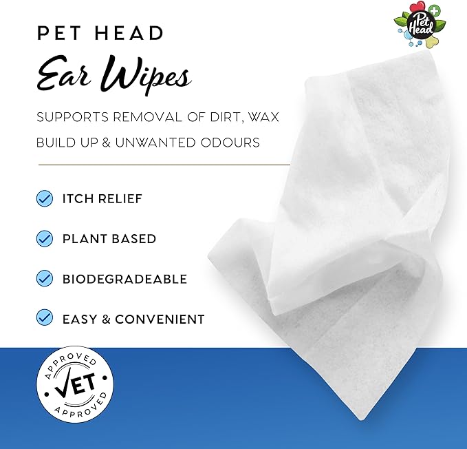 Pet Head Health Ear Wipes for Cats and Dogs | Fragrance-Free | Cleans, Deodorizes and Moisturizes | Removes Dirt, Wax, Discharge, and Debris | Biodegradable and Plant-Based Dog Ear Cleaner | 30 Wipes