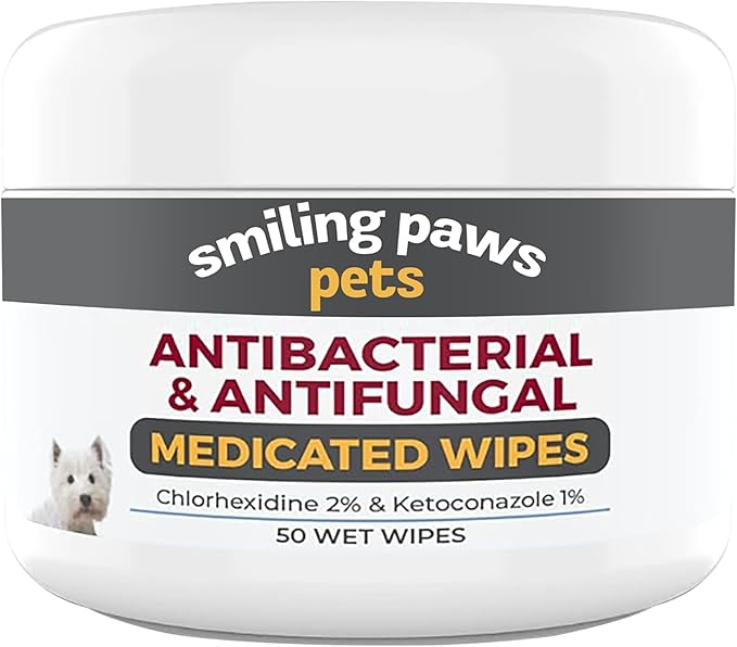 Smiling Paws Pets - Antibacterial & Antifungal Wipes for Dogs & Cats (with Chlorhexidine & Ketoconazole)