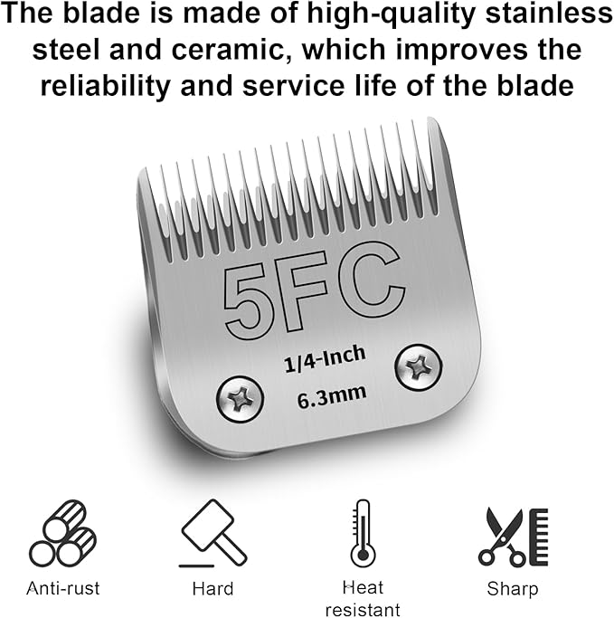 5FC Detachable Pet Clipper Replacement Blades Compatible with Andis/Oster A5/Wahl KM10 Series Dog Clipper,Made of Ceramic Blade & Stainless Steel Blade,Size 5FC Cut Length 1/4-Inch(2 Pack)
