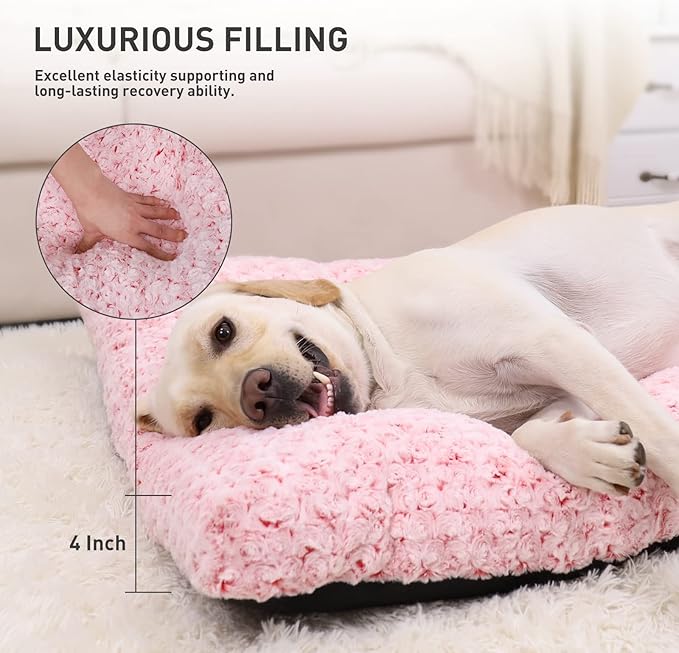 KSIIA Washable Dog Bed Deluxe Plush Dog Crate Beds Comfy Kennel Pad Anti-Slip Pet Sleeping Mat for Large, Jumbo, Medium, Small Dogs Breeds, 41" x 27", Pink
