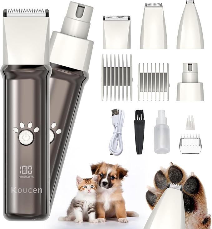 4 in 1 Dog Grooming Kit with LED Display, Dog Grooming Clippers with 4 Guide Combs, Rechargeable Low Noise Cat Hair Trimmer, Pet Paw Trimmer for Cat Dogs Paws Face Ears