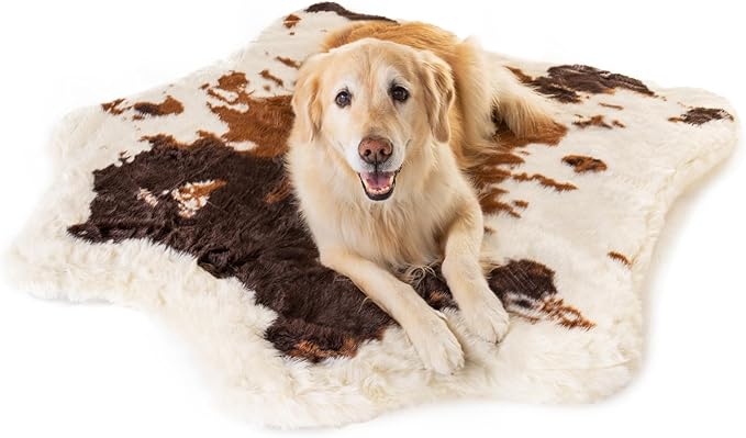 PupRug Orthopedic Dog Bed for Large Dogs with Fluffy Soft Faux Fur and Memory Foam for Joint Pain Relief, Machine Washable and Waterproof Couch Bed, Brown Cowhide, Medium