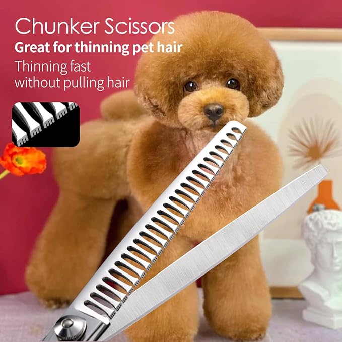 Professional Thinning Shears for Dogs with Micro Serrated Edge 8 inch Dog Grooming Scissors Long Chunkers Shears Japan 440C 70% Thinning Rate 26 Teeth(8in)