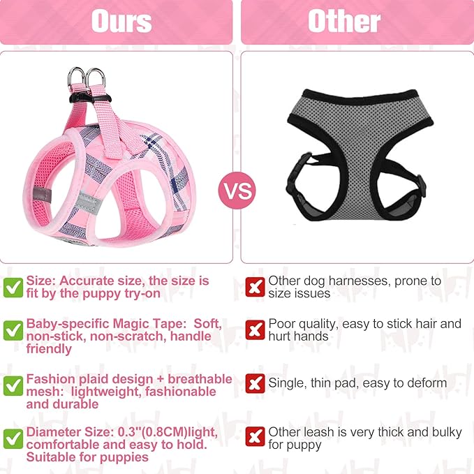 BEAUTYZOO Small Dog Harness and Leash Set,Step in No Chock No Pull Soft Mesh Dog Harnesses Reflective for Extra-Small/Small Medium Puppy Dogs and Cats, Plaid Dog Vest Harness for XS S Pets, Pink S