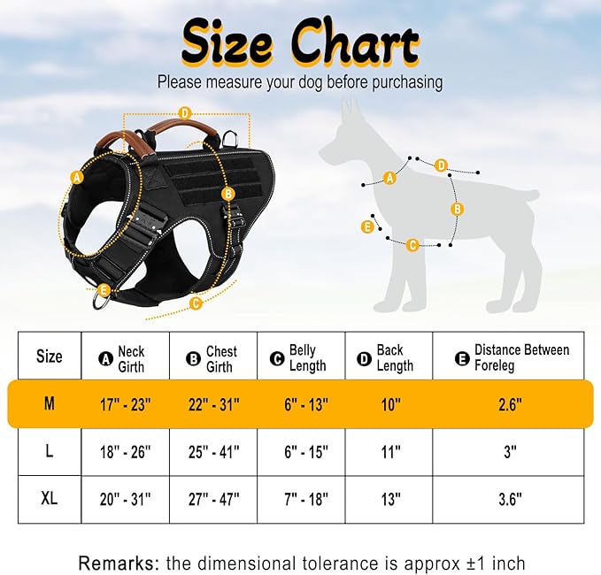 Tactical Dog Harness - HEYCAHVA Service Dog Vest Full Metal Buckles Dog Vest for Medium Large Dog Reflective No Pull Dog Harnesses Vest with Leather Handle, Hook & Loop for Hiking Training (Black, M)