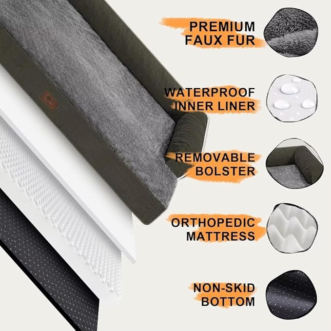 Large Dog Bed Orthopedic Washable - XXL Large Big Dogs - Waterproof with Removable Cover - Memory Foam - Beds Bolster Pet - Dog Couch Sofa Bed - Dark Green Dog Bed