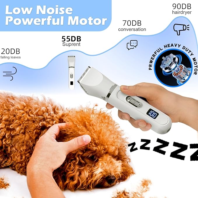 Dog Clippers Grooming Kit, 4 in 1 Rechargeable Low Noise USB Pet Trimmer Set, Clear Power Display Dog Hair Trimmer Cordless Quiet Nail Grinder Shaver for Dogs, Cats, Pets