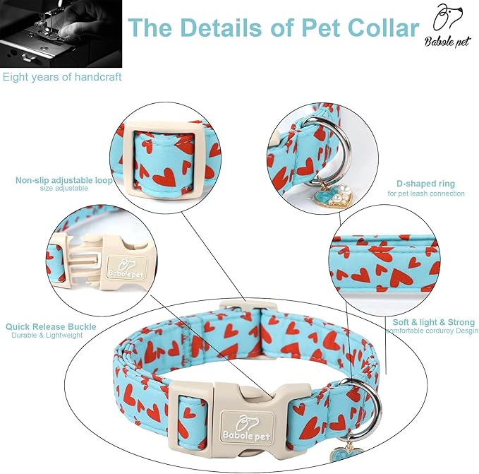 Valentine's Day Dog Collar - Cute Blue Valentines Dog Collar Girl Boy Durable Adjustable Red Heart Pattern Charm Dog Collars for Small Medium Large Dogs XL