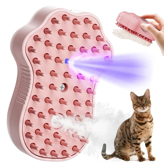 Cat Steam Brush for Shedding, 4 in 1 Steamy Cat Brush Cleanser, Dog Massage Grooming Brush with Release Button, Pet Hair Cleaning Misting Comb for Kitten(Pink Paw)