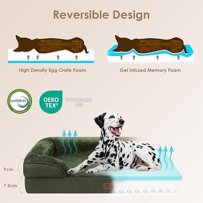 EHEYCIGA Orthopedic Dog Beds for Extra Large Dogs, Waterproof Memory Foam XL Dog Bed with Sides, Non-Slip Bottom and Egg-Crate Foam Big Dog Couch Bed with Washable Removable Cover, Dark Green