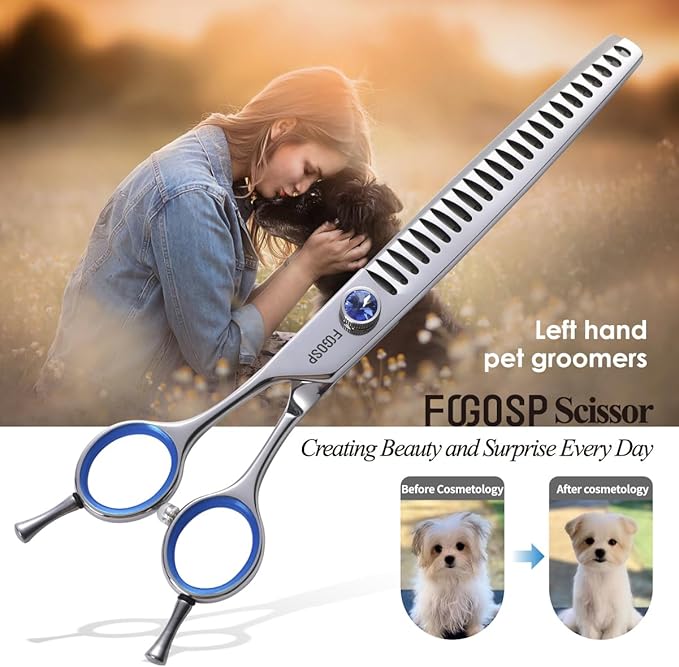 Chunkers Dog Grooming Scissors Left Handed 7.0'' Professional Thinning Shears for Dogs Pet Grooming Scissors Chunkers Shears Dog Grooming Japan 440C 70% Thinning Rate 18 Teeth(7.0'' Chunkers)