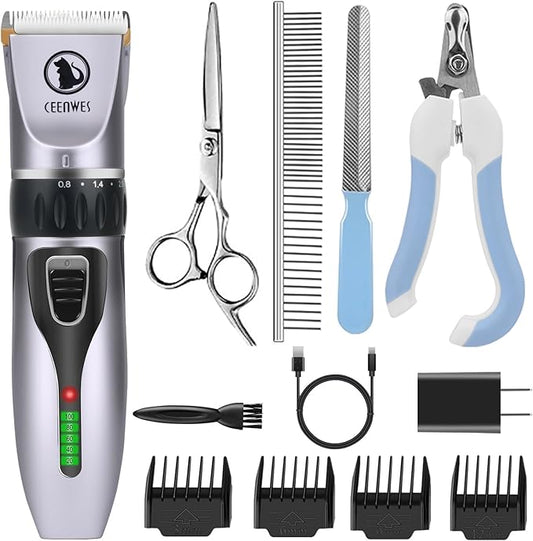 Dog Clippers Cordless Dog Grooming Kit Professional Horse Clippers with 4 Comb Guides, Low Noise Pet Clippers Rechargeable Pet Grooming Tools for Small Large Dogs Cats Horse Pets