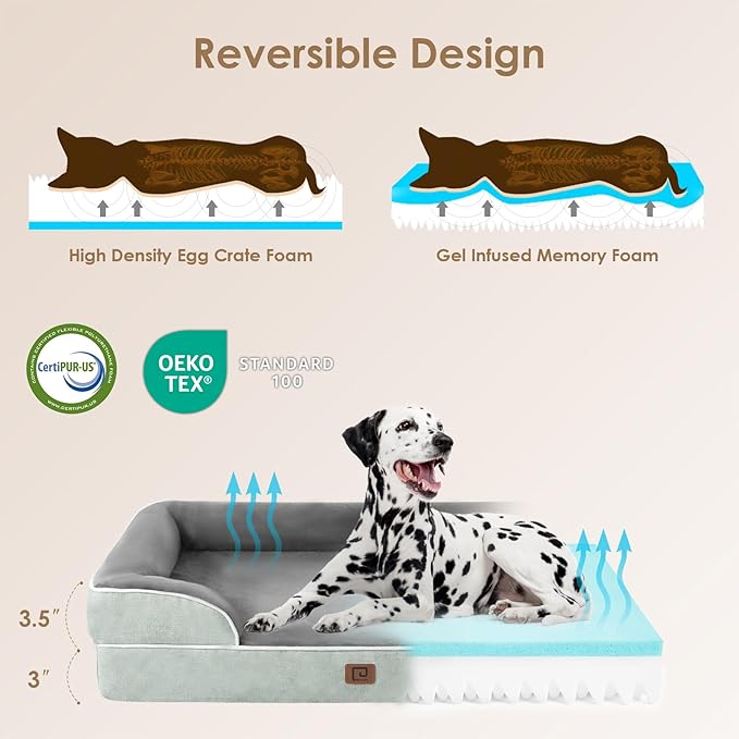 EHEYCIGA Orthopedic Dog Beds for Extra Large Dogs, Waterproof Memory Foam XL Dog Bed with Sides, Non-Slip Bottom and Egg-Crate Foam Big Dog Couch Bed with Washable Removable Cover, Greyish Green