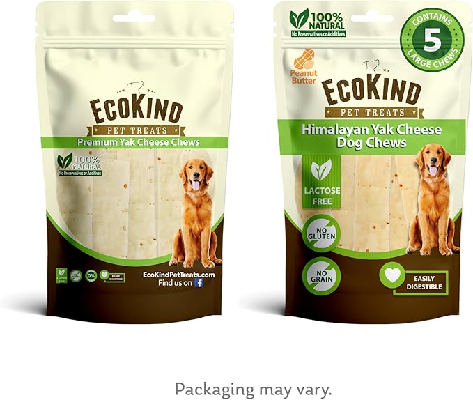 EcoKind Premium Gold Yak Cheese Himalayan Dog Chews, Dog Treats Large Breed, All Natural, High Protein Dog Chew, Peanut Butter, Large - 5 Chews