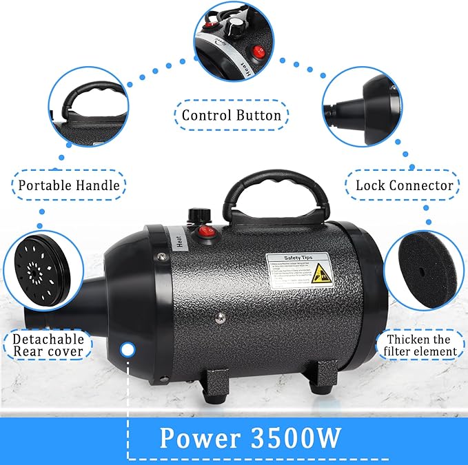 Large Dog Grooming Dryer - 5.2HP 3800W High Velocity Hair Dryer with Heater, Adjustable Temperature, and 4 Nozzles (Black)