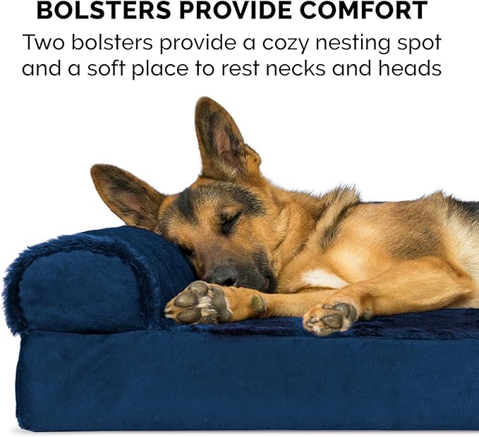 Furhaven Orthopedic Dog Bed for Large/Medium Dogs w/ Removable Bolsters & Washable Cover, For Dogs Up to 55 lbs - Plush & Velvet L Shaped Chaise - Deep Sapphire, Large