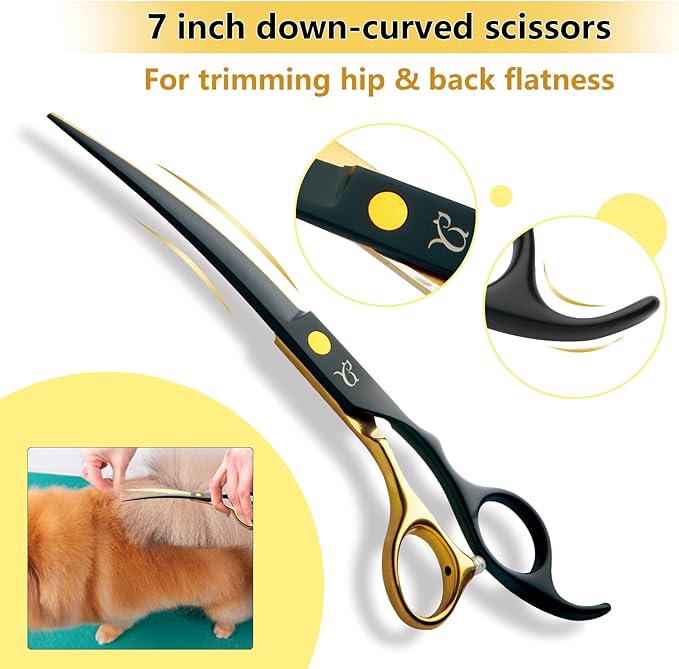 Dog Grooming Scissors,Paint Coated Curved Scissors Thinning Scissors with Safety Round Tips, Sharp and Durable 5 in 1 Dog Scissors for Grooming