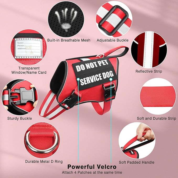 Service Dog Vest Harness+ID Tag+10 Patches,Metal Serivce Dog Tag&Reflective Emotional Support Dog Vest with Handle for Small Dogs,Easy Put On/Off for Training/Walking/Everyday Red S