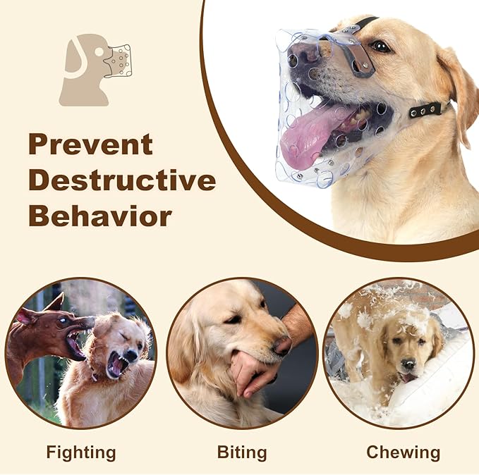 Mayerzon Dog Muzzle, Basket Muzzle for Large Medium Small Dogs, Humane Cage Mouth Guard to Prevent Biting Chewing Eating, Breathable Muzzle for Grooming Training Walking Vet Visits (M, Clear)
