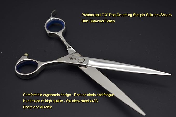 Pro Dog Grooming Shear Scissors Straight 7 Inch Pet Shear Stainless Steel Forged (7" Straight Blue Diamond)