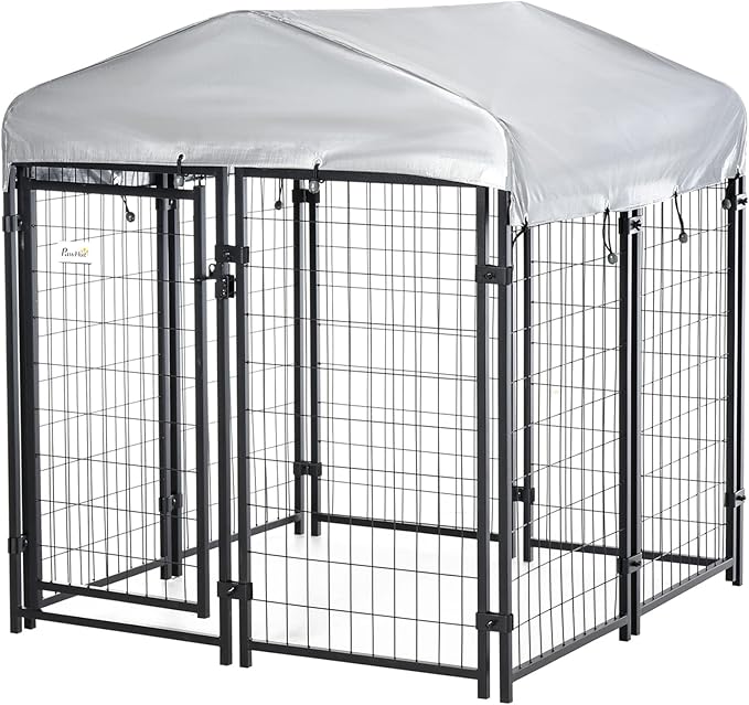 PawHut 4' x 4' x 4.5' Dog Kennel Outside, Dog Playpen Exercise Pen with Lockable Door, Water-Resistant Canopy, for Medium and Large Puppies