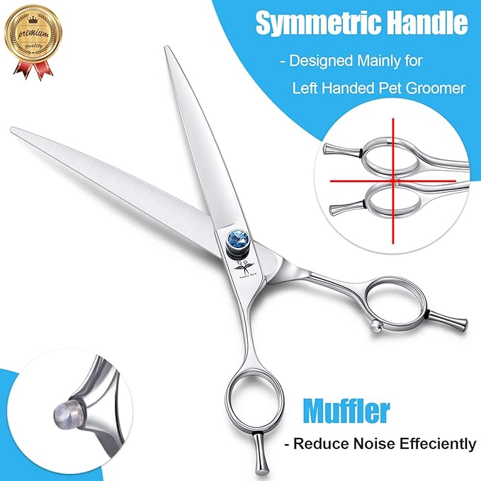 PURPLEBIRD 8 Inch Left Handed Downward Curved Dog Grooming Scissors Professional Pet Cutting Shears Safety Noiseless Blunt Tip Trimming Shearing for Dogs Cats Japanese Stainless Steel Silver
