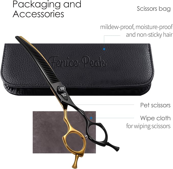Fenice Peak Black and Golden Professional Curved Chunker Dog Grooming Scissors 7.5'' 440C Stainless Steel Thinner Shear Sharp and Durable with Decorative Screw