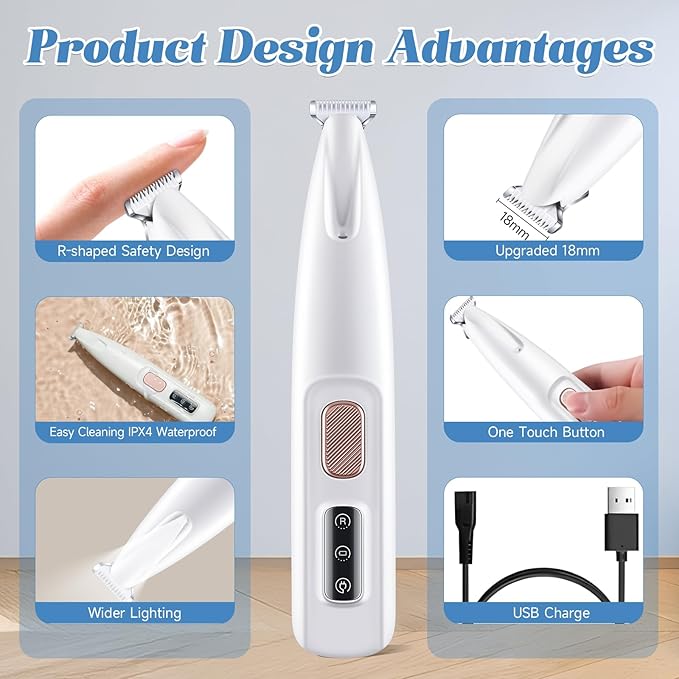 Paw Trimmer for Dogs Electric Upgraded, Pet Paw Trimmer with LED Light Waterproof, Cordless Low Noise Pet Hair Clipper Rechargeable, Small Grooming Shaver for Cats Eyes Face Ears Feet Rump Around Hair