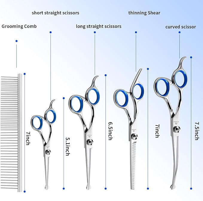 Dog Grooming Scissors, 6-in-1 Professional Dog Grooming Kit, 4CR Stainless Steel Dog Scissors for Grooming, Heavy Duty Grooming Scissors with Safety Round Tips, Pet Grooming Kit for Dogs at Home