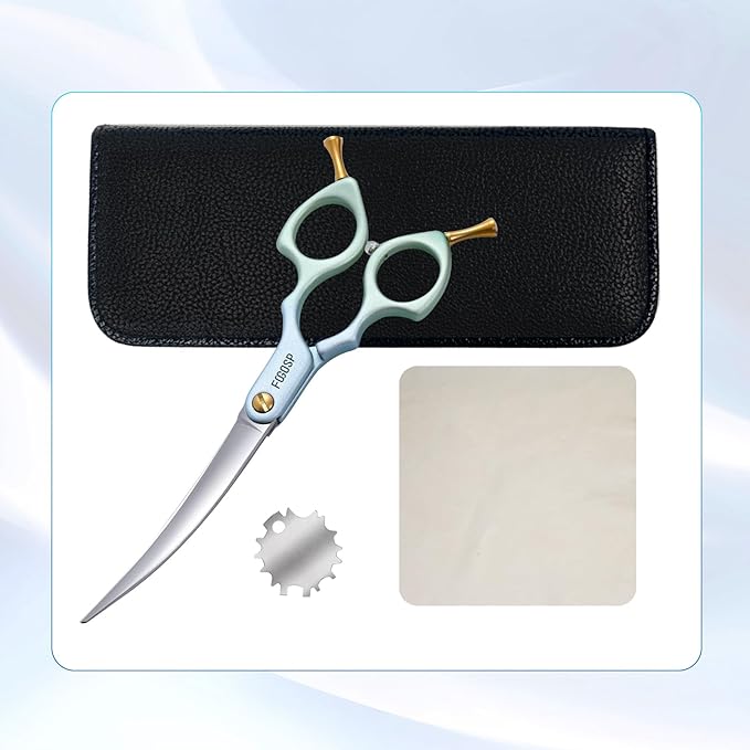 Professional Curved Dog Grooming Scissors with Sharper Self Grinding lightweight and finely trimmed split structure 6.5'' Japan VG10 63HRC for small dogs cat pet(Blue&Green)
