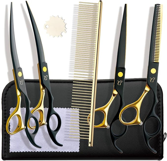 Dog Grooming Scissors,Paint Coated Curved Scissors Thinning Scissors with Safety Round Tips, Sharp and Durable 5 in 1 Dog Scissors for Grooming