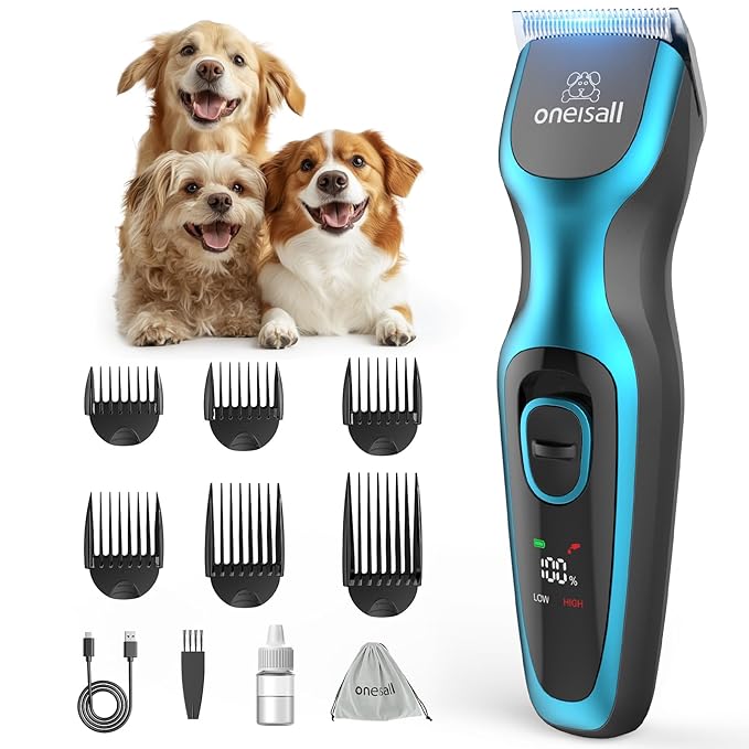 Oneisall Dog Clippers for Grooming - 2-Speed Super Power, 50dB Quiet Rechargeable Cordless Trimmer With Detachable Stainless Steel Blade for Small & Large Dogs With Thick Coats