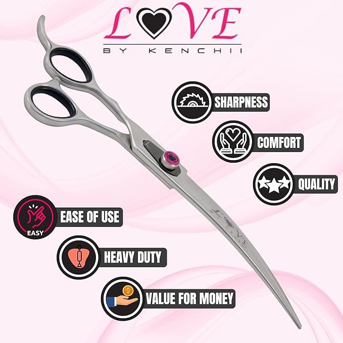 Kenchii Left Handed Dog Grooming Scissors | 8 Inch Shears | Curved Scissors for Dog Grooming | Love Collection Dog Shears | Pet Grooming Accessories | Pet Hair Trimming Scissor