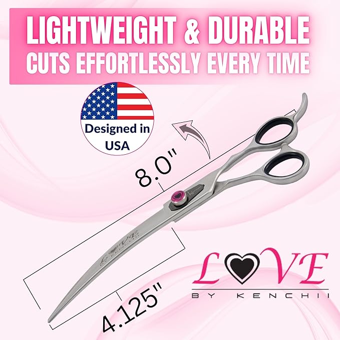 Kenchii Love Left Handed Dog Grooming Scissors, 8 Inch Curved Shears, Dog Scissors for Grooming, Professional Pet Grooming Scissors, Curved Dog Grooming Scissors
