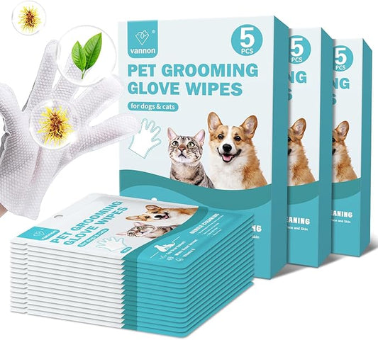 Vannon Portable Pet Bathing Wipes for Dogs & Cats, Cleaning & Odor-Controlling Extra Thick Grooming Glove Wipes for Daily Care and Traveling, Rinse Free, Nourish Fur, Individually Packaged, 15 PCS