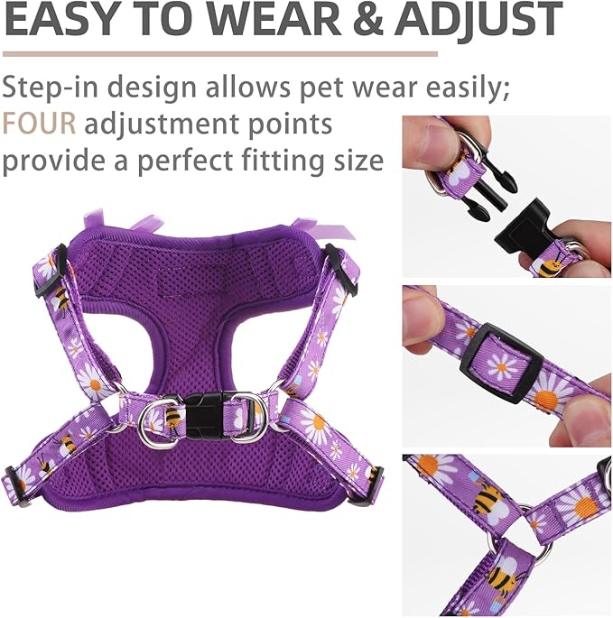 PUPTECK No Pull Dog Harness and Leash Set Reflective No Choke Step in Puppy Halter for XS Small and Medium Sized Dogs, Purple, Printed Fabric, XS