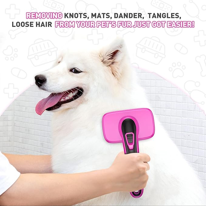 Dog Brush for Shedding, Self-Cleaning Slicker Brush, Perfect for Short & Long Haired Pets, Removes Mats, Tangles, Loose Fur, Gentle on Skin, Ideal for Small, Medium, Large Dogs. Pink